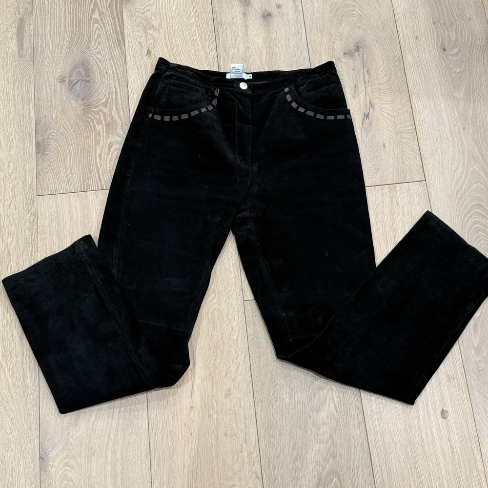 Vintage Itw Black Suede Leather Pants Straight Leg Pocket Detail Western Biker - Picture 6 of 10